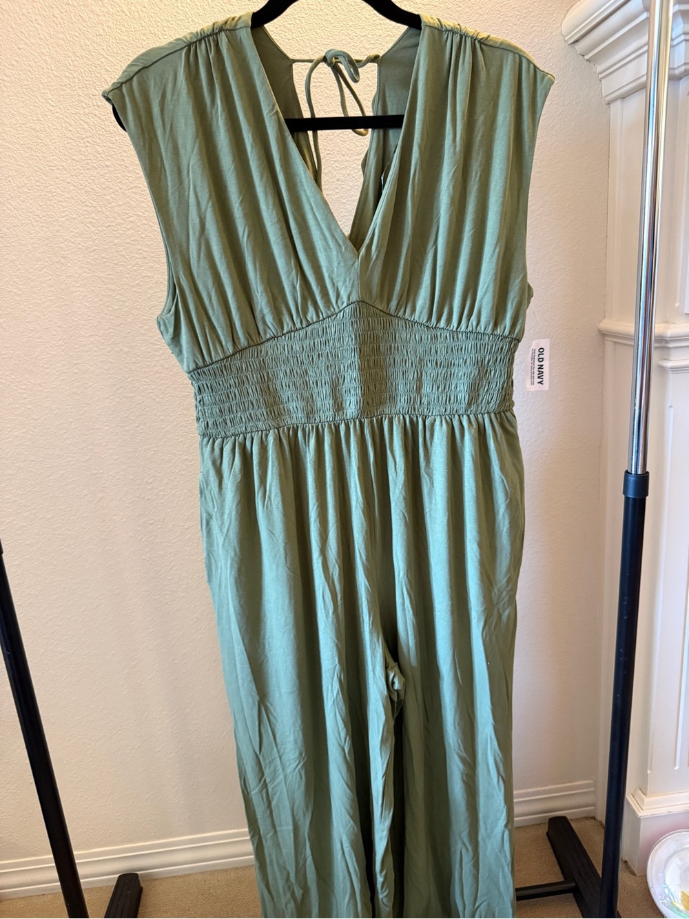 Old Navy Sage Green Smocked-Waist One-Piece Jumpsuit